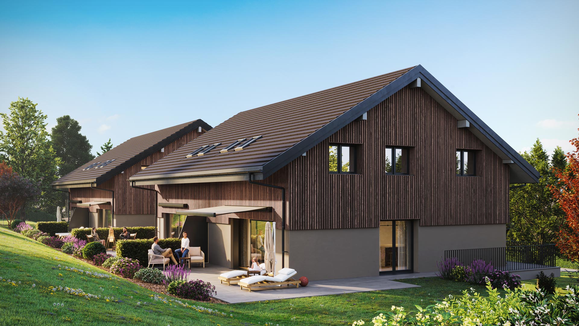 Vue des villas côté couvert à voitures